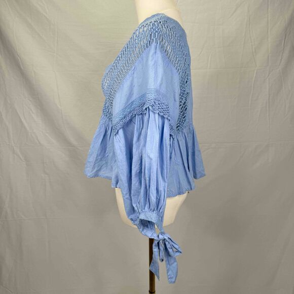 Free People Drive You Mad Blouse Blue Crochet Puff Sleeve Southern Bell Western - Picture 5 of 16